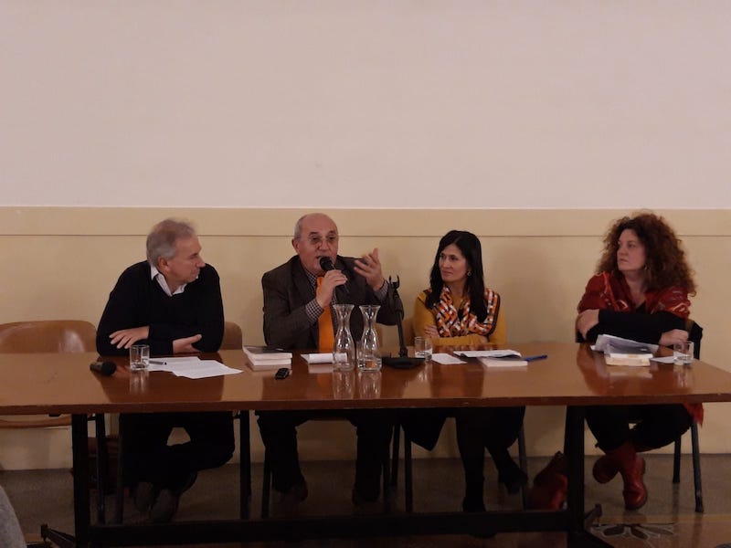 Mauro Geraci, Besnik Mustafaj, Blerina Suta e Caterina Benelli alla presentazione a Roma del romanzo Piccola saga carceraria 